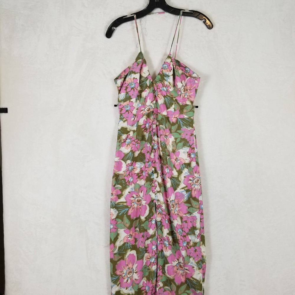 Zara Midi Dress Women Small Pink Floral Linen Blend Halter Button Front Boho - Picture 2 of 10